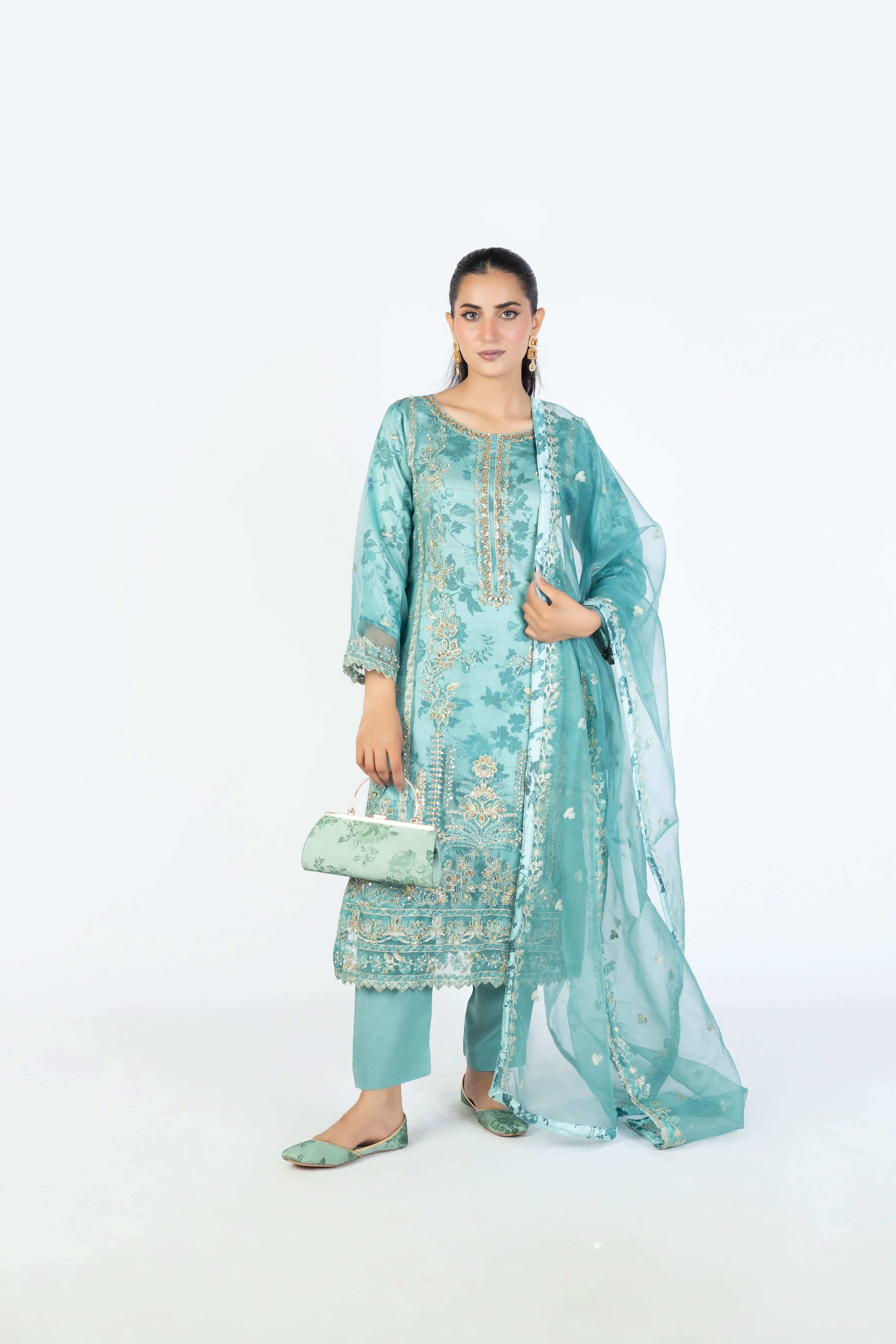 Ocean Blue Handmade Embellished Organza Ensemble - Image 1