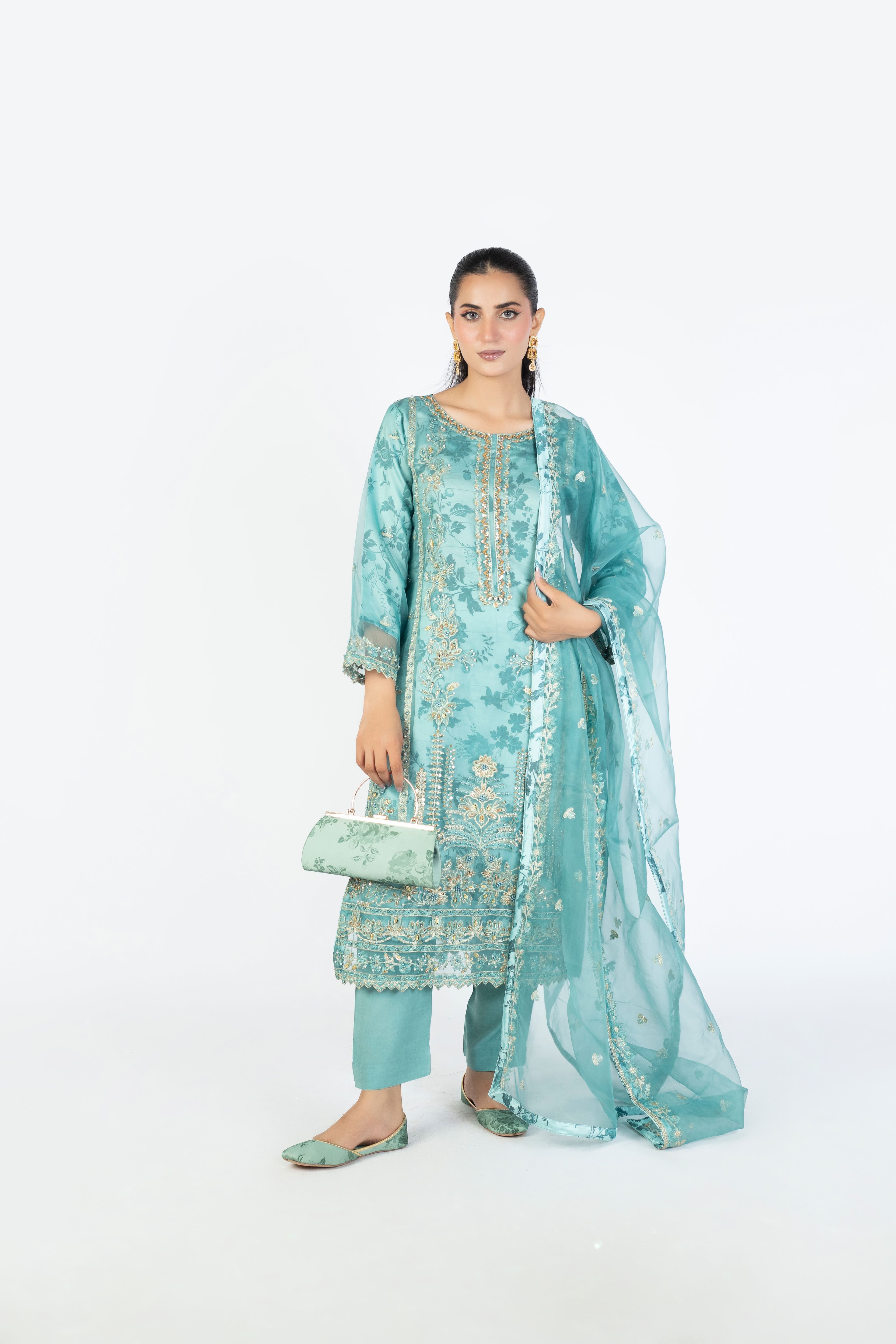 Ocean Blue Handmade Embellished Organza Ensemble - Image 1