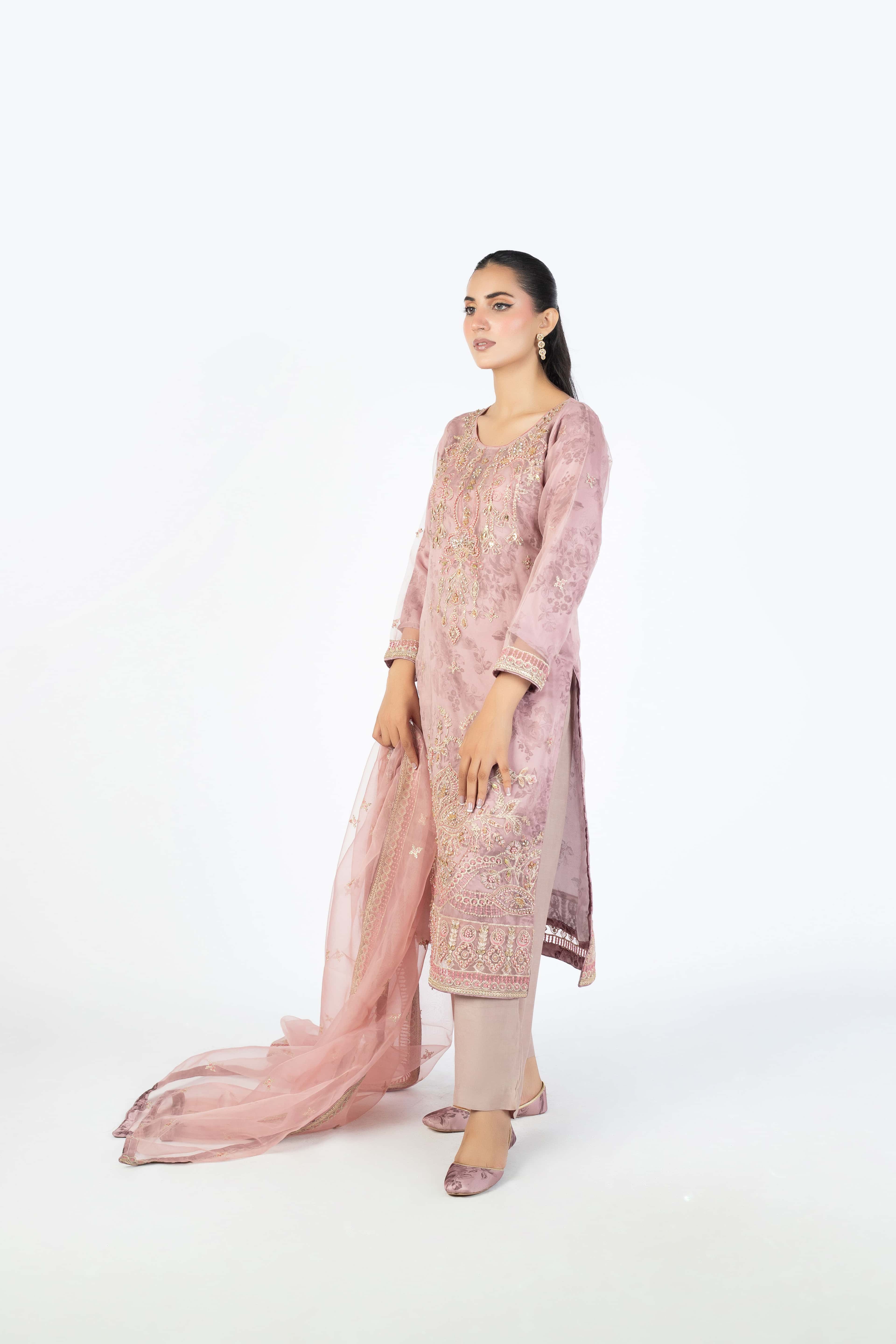 Onion Pink Handmade Embellished Organza Ensemble - Image 4