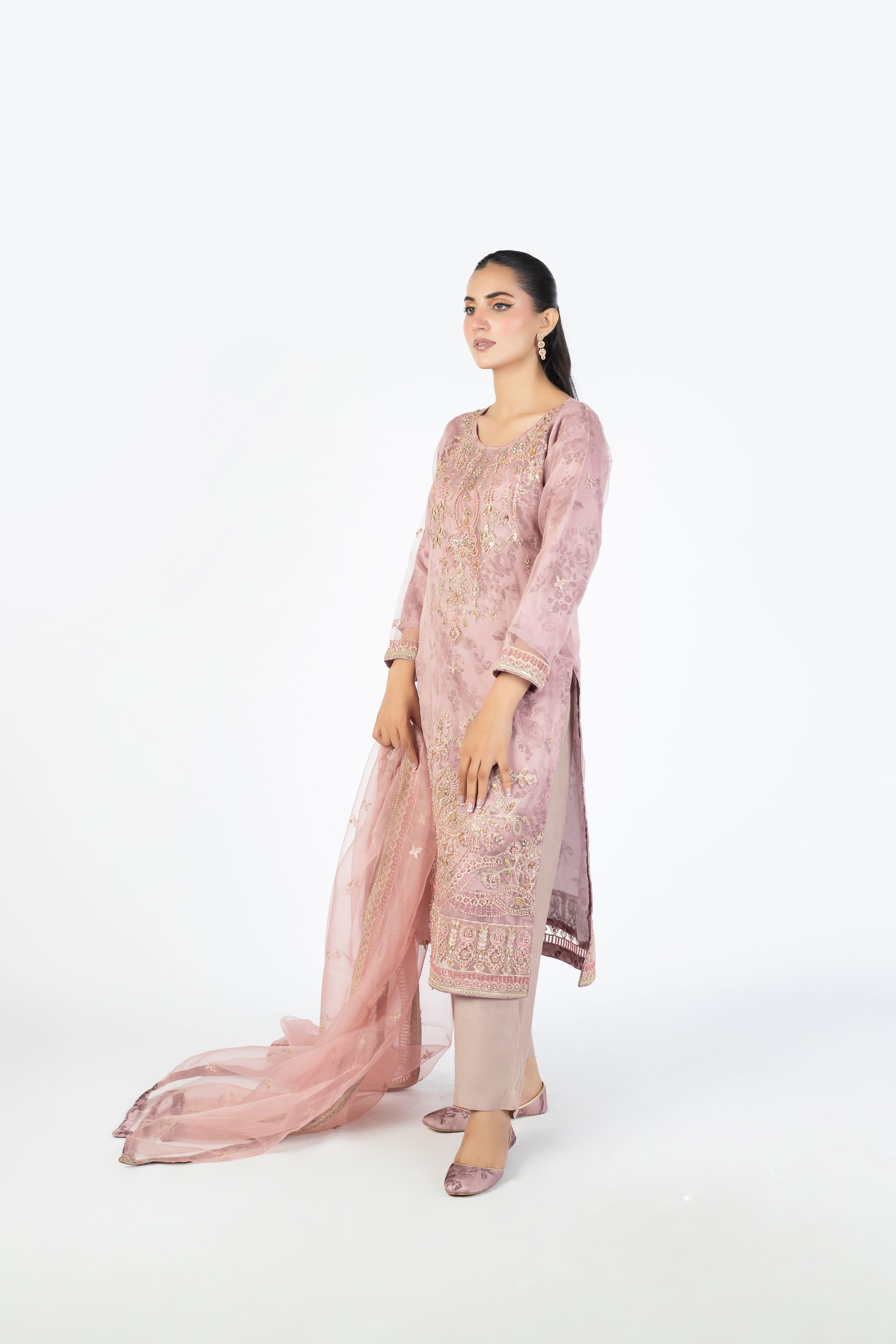 Onion Pink Handmade Embellished Organza Ensemble - Image 4