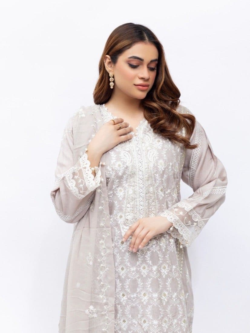 Heer Embroidered Viscose Suit - Silver Grey M29 image 1