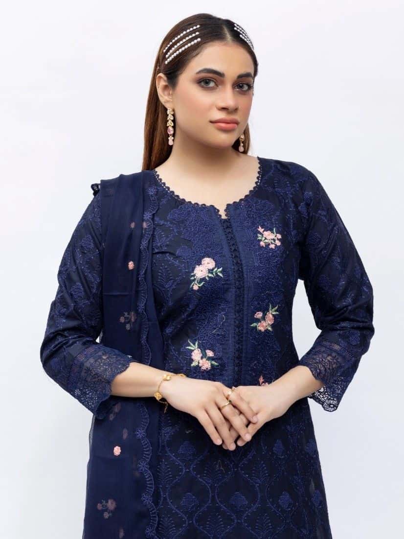 Heer Embroidered Cotton Suit - Navy Blue 3079 image 1