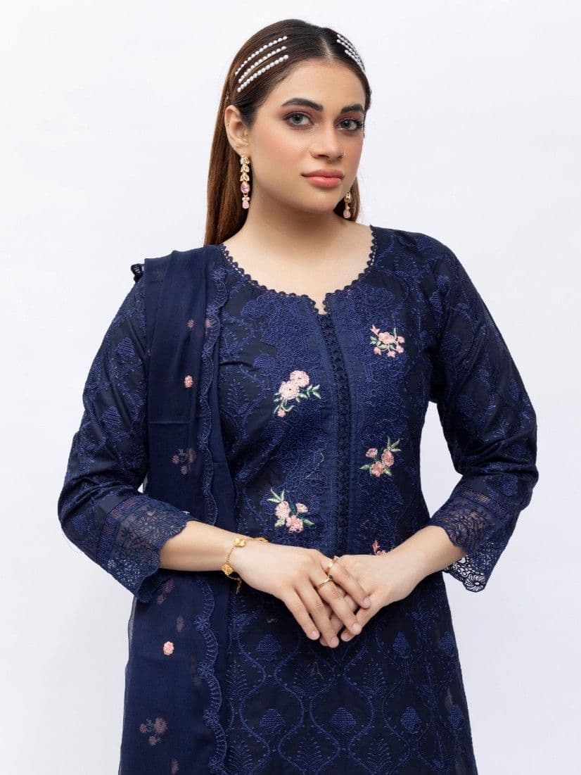 Heer Embroidered Cotton Suit - Navy Blue 3079 image 1