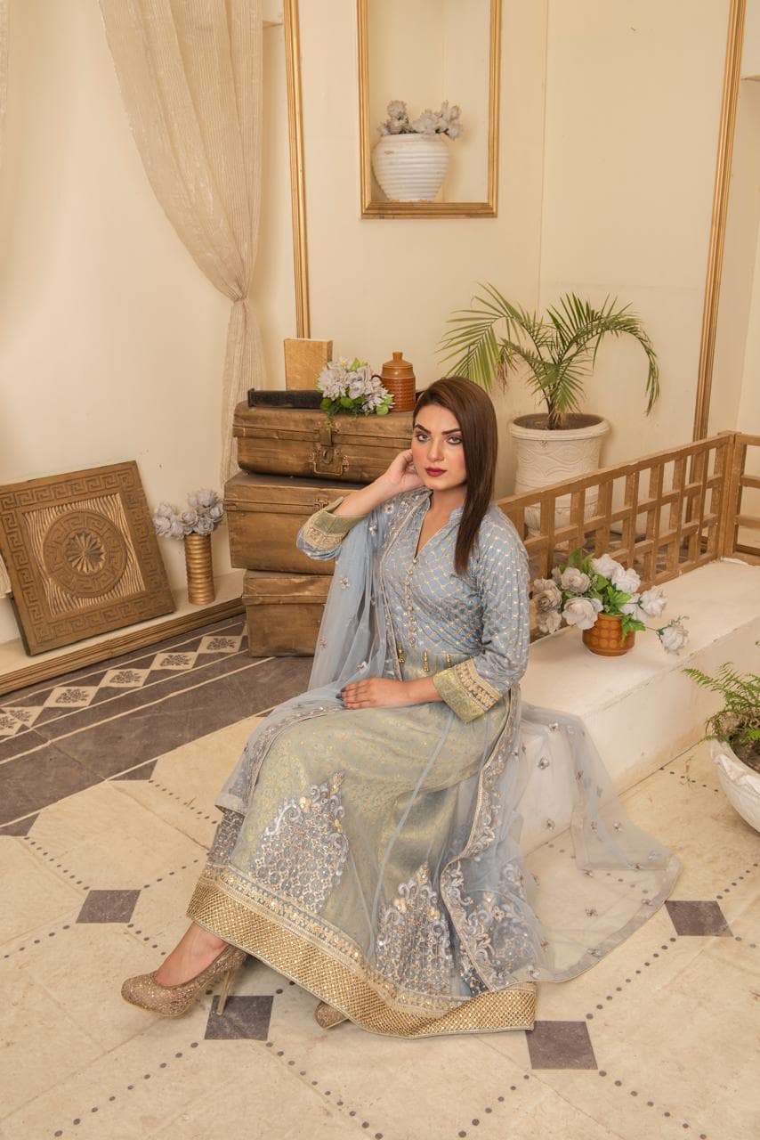 Ice Blue Embroidered Net Maxi image 1