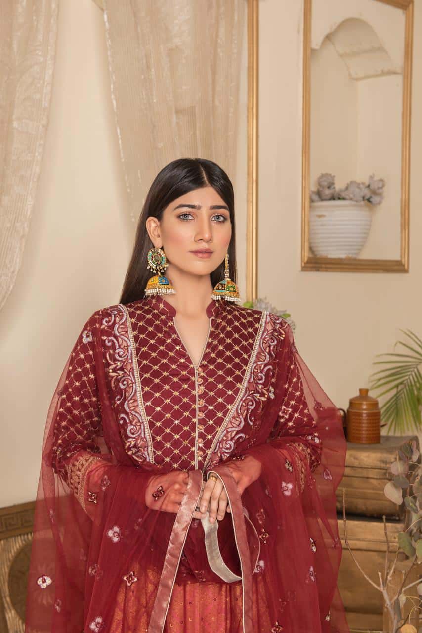 Maroon Embroidered Net Maxi image 1