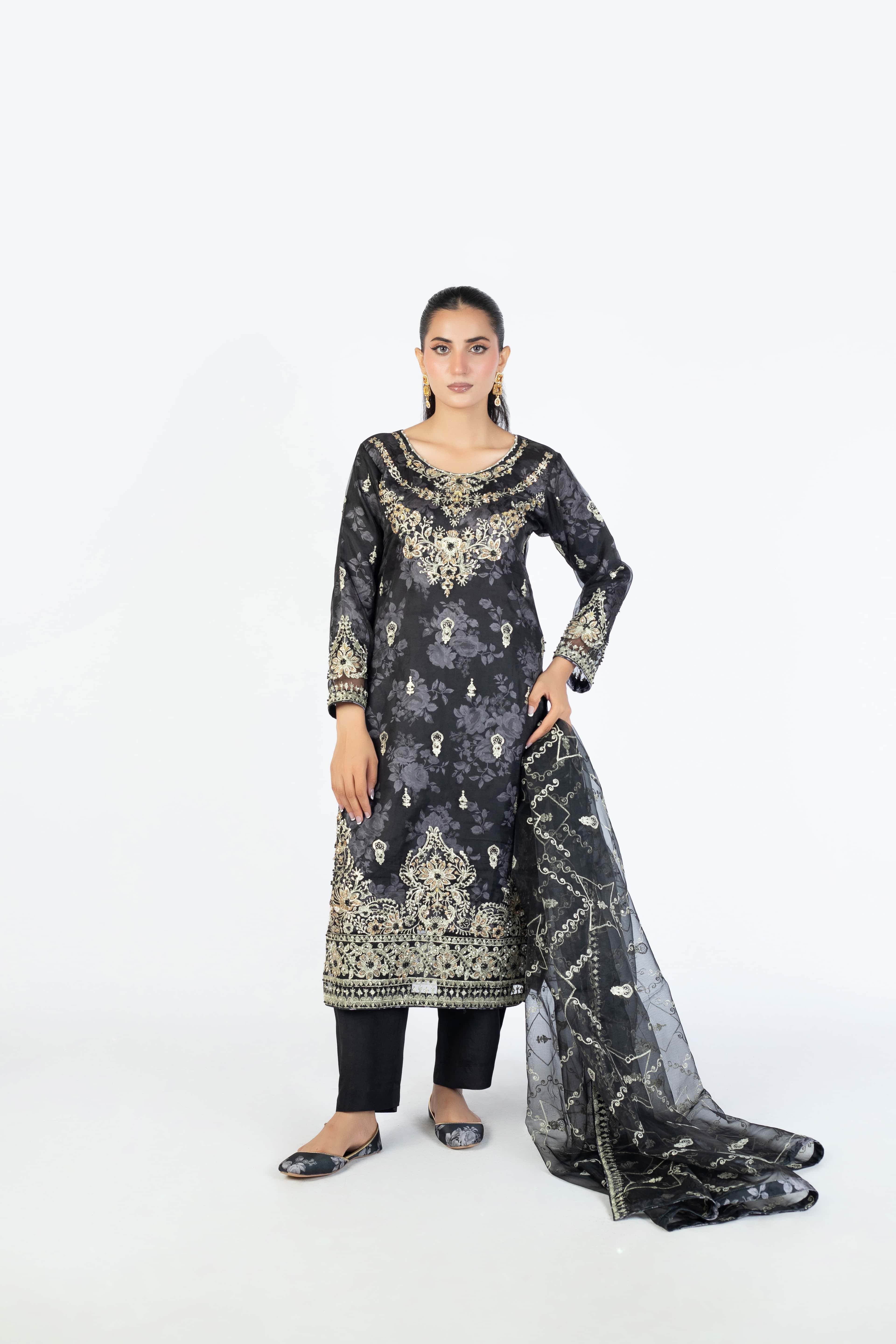 Black Handmade Embellished Organza Ensemble - Image 1